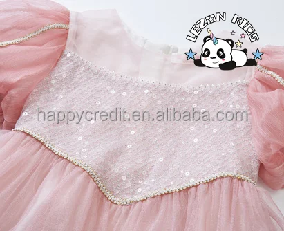 LEZONKIDS - Chegada Nova Personalizável Vestido de Criança com Manga Bufante e Lantejoulas para Festa de Tule e Mesh para Meninas de 2-14T